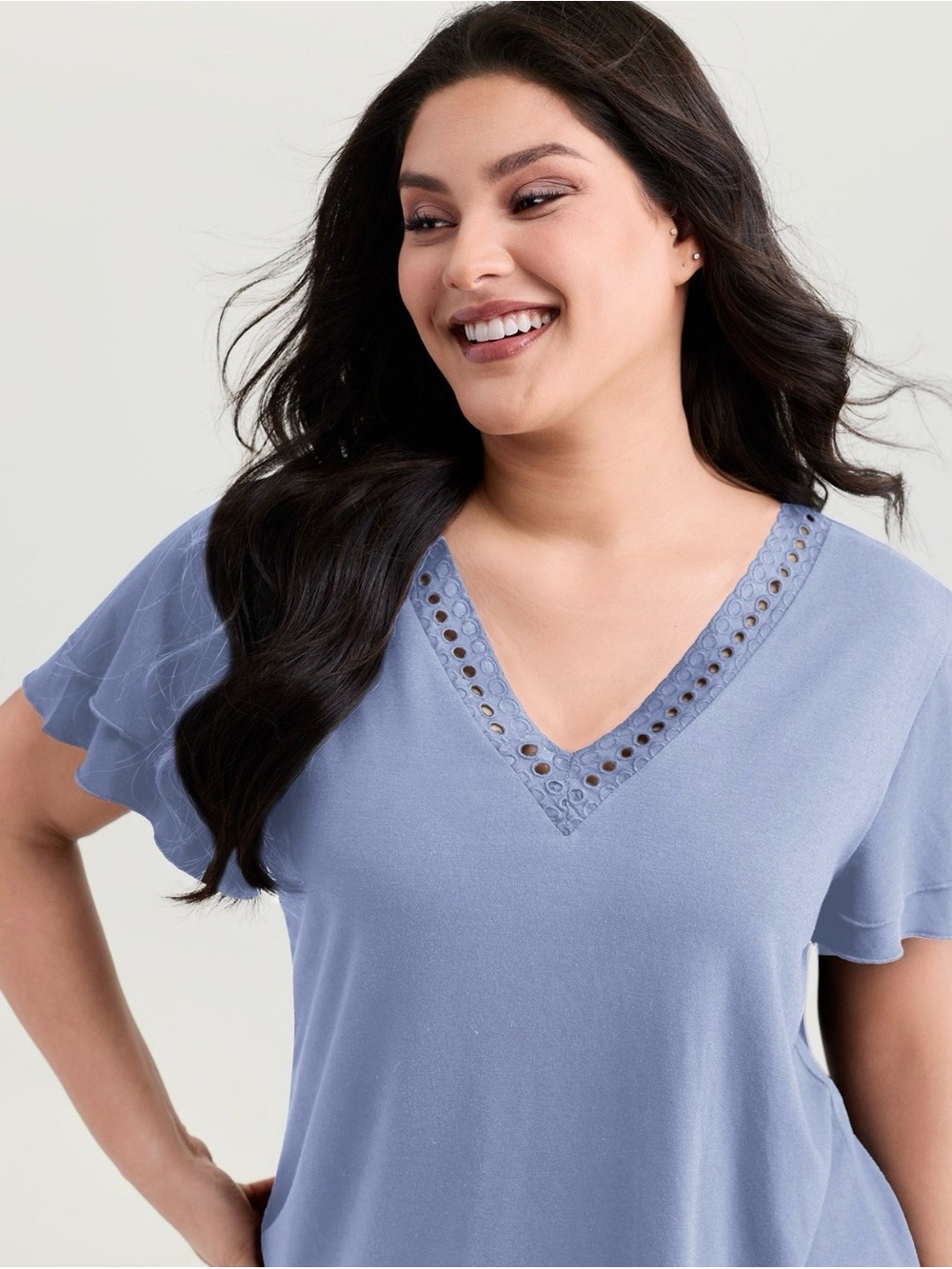 BloomChic Lace Trim V-Neck Flutter Sleeve Top - Light Blue size 2X (18-20)